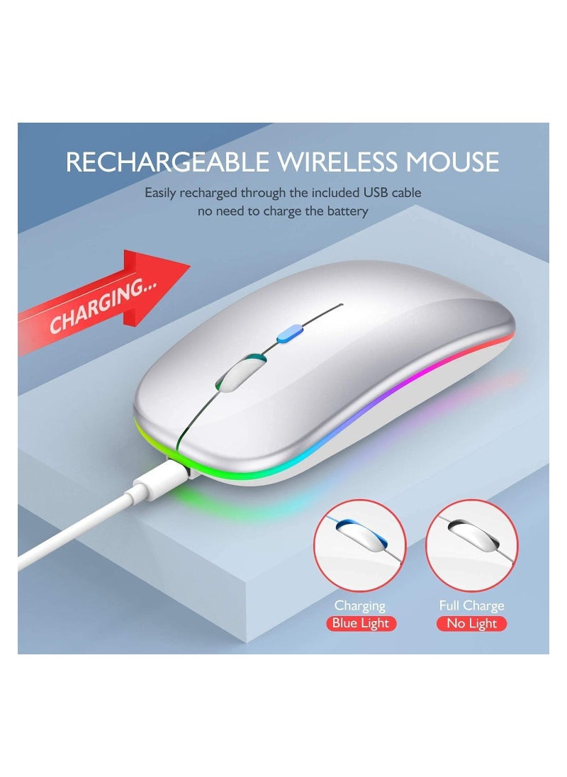 Rechargeable Wireless LED Mouse, Slim Silent Design, 2.4G Portable Optical Mouse with USB & Type-C Receiver, 3 Adjustable DPI for Laptop, PC, Notebook, Desktop (White)