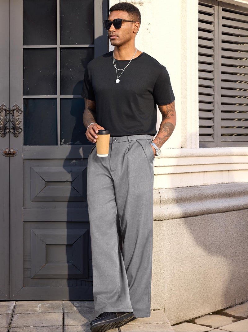 PLEPAN Men's Wide Leg Dress Pants Baggy Pleated Casual Trousers Relaxed Fit Elastic Waist Business Slacks with Pockets Gray Medium - Image 3