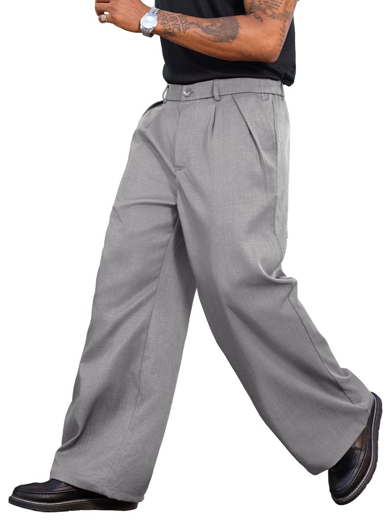 PLEPAN Men's Wide Leg Dress Pants Baggy Pleated Casual Trousers Relaxed Fit Elastic Waist Business Slacks with Pockets Gray Medium - Image 2