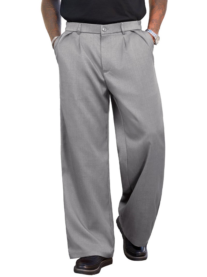 PLEPAN Men's Wide Leg Dress Pants Baggy Pleated Casual Trousers Relaxed Fit Elastic Waist Business Slacks with Pockets Gray Medium - Image 5