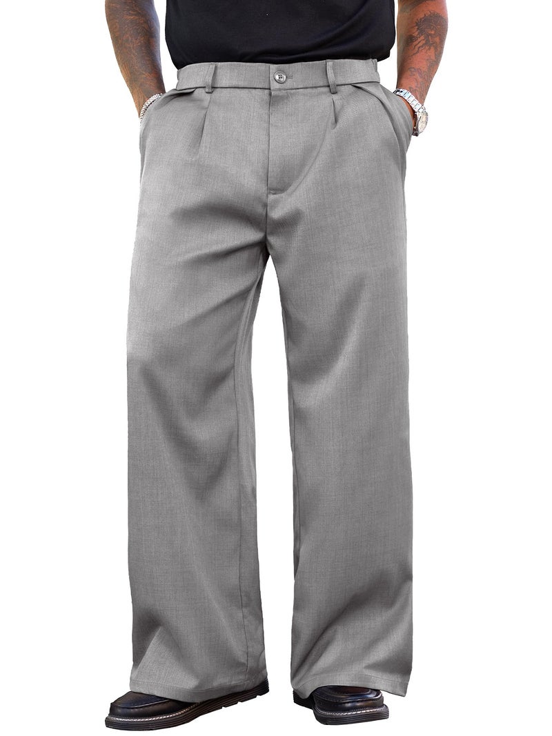 PLEPAN Men's Wide Leg Dress Pants Baggy Pleated Casual Trousers Relaxed Fit Elastic Waist Business Slacks with Pockets Gray Medium - Image 1