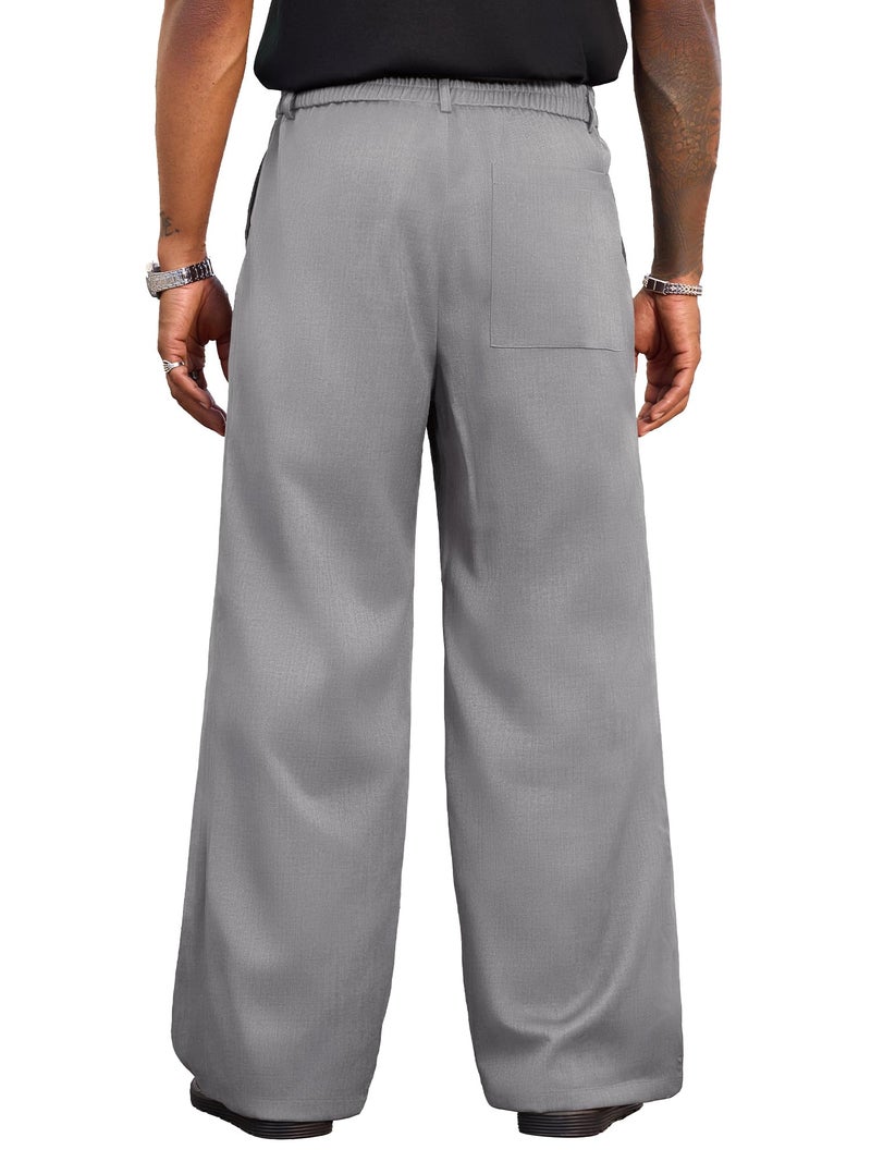 PLEPAN Men's Wide Leg Dress Pants Baggy Pleated Casual Trousers Relaxed Fit Elastic Waist Business Slacks with Pockets Gray Medium - Image 4