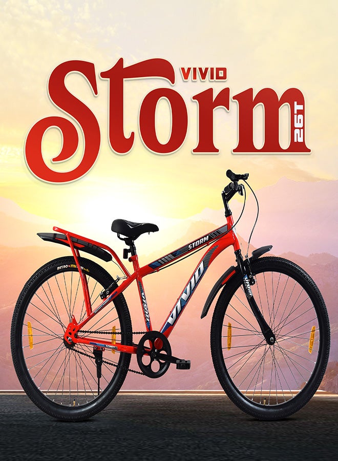 Vivid Storm 26 Inch Bike With Integrated Carrier || Single Speed || Rigid  Suspension & V Brake || For Men || Red Color || Frame Size-18 Inch  - Image 4