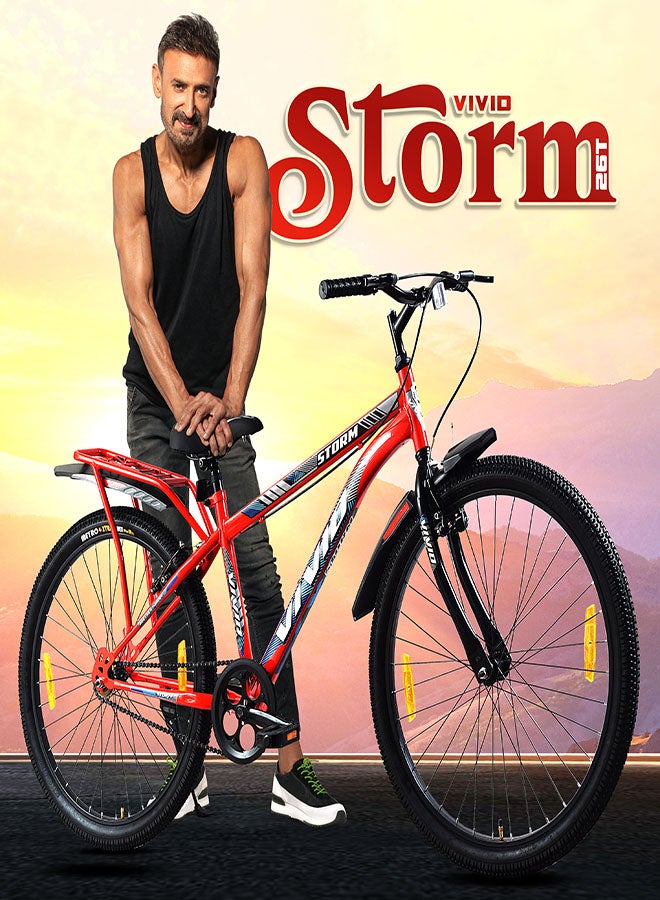 Vivid Storm 26 Inch Bike With Integrated Carrier || Single Speed || Rigid  Suspension & V Brake || For Men || Red Color || Frame Size-18 Inch  - Image 3