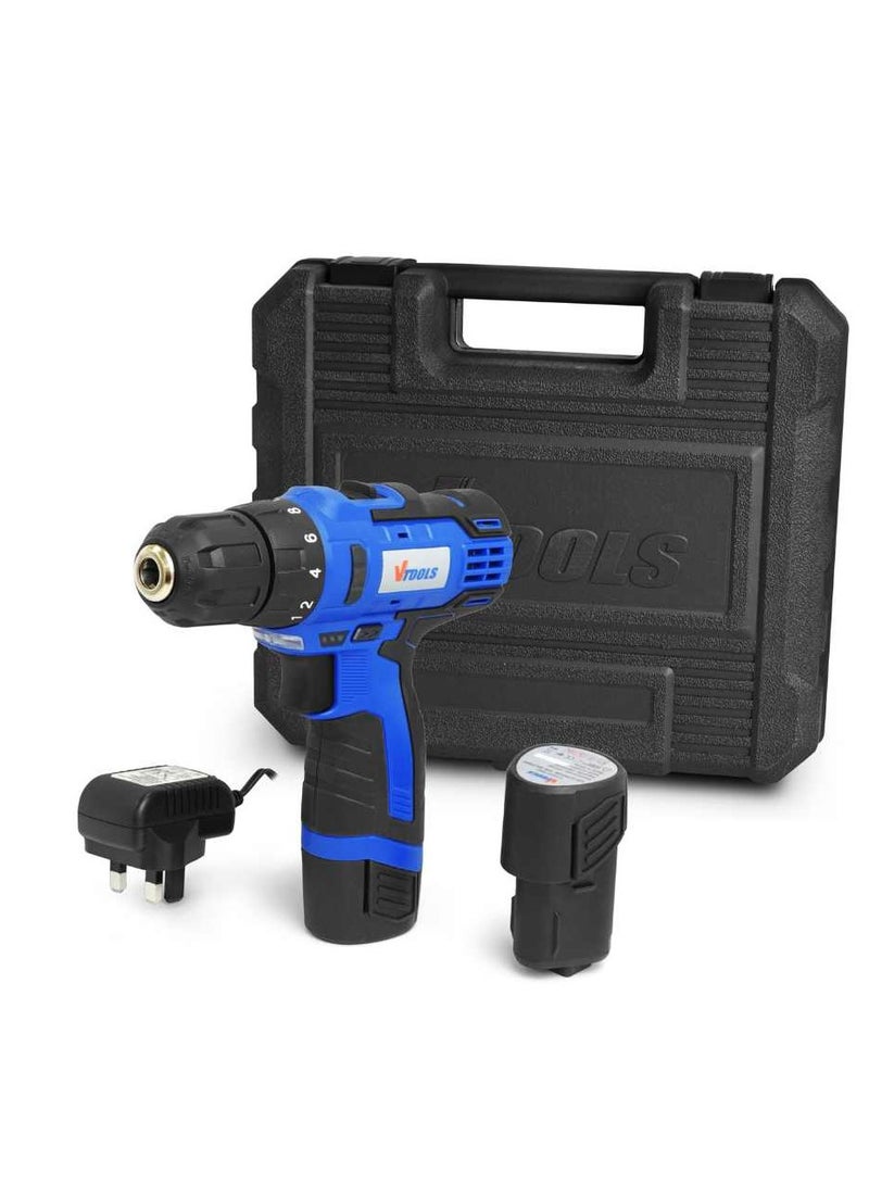 VTOOLS 12V Cordless Drill Driver Kit, 400-1400 RPM, Dual Speed with 2 Lithium-Ion Batteries 1.5 Ah, Powerful 28NM Torque, 10mm Chuck for Efficient Drilling & Fastening, 2 Years Warranty - Image 1