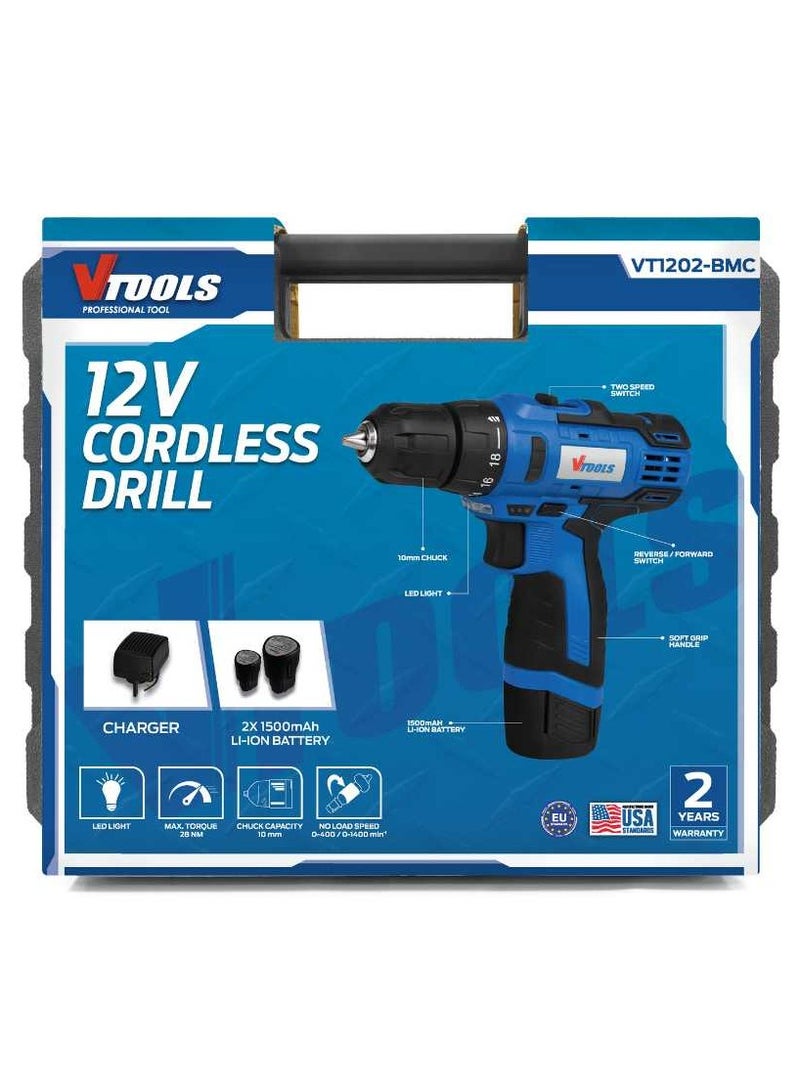 VTOOLS 12V Cordless Drill Driver Kit, 400-1400 RPM, Dual Speed with 2 Lithium-Ion Batteries 1.5 Ah, Powerful 28NM Torque, 10mm Chuck for Efficient Drilling & Fastening, 2 Years Warranty - Image 5
