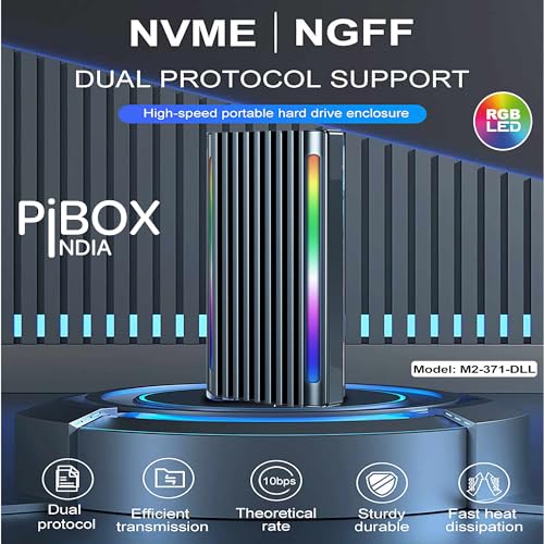 pibox India صندوق NVME M2 LED، صندوق PiBOX India NVMe/NGFF SATA ثنائي SSD - USB 3.2 10Gbps، علبة M.2 NVMe بدون أدوات، قارئ PCI-E NVMe، USB-C، يدعم مفاتيح M و B&M، 2230/2242/2260/2280 SSD RTL9210B - Image 5