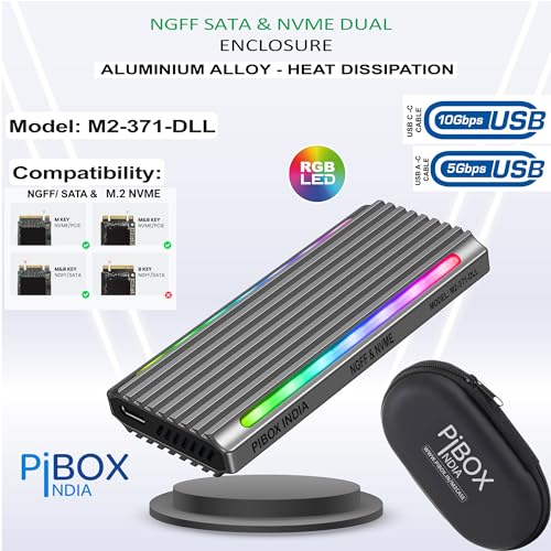 pibox India صندوق NVME M2 LED، صندوق PiBOX India NVMe/NGFF SATA ثنائي SSD - USB 3.2 10Gbps، علبة M.2 NVMe بدون أدوات، قارئ PCI-E NVMe، USB-C، يدعم مفاتيح M و B&M، 2230/2242/2260/2280 SSD RTL9210B - Image 2