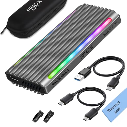 pibox India صندوق NVME M2 LED، صندوق PiBOX India NVMe/NGFF SATA ثنائي SSD - USB 3.2 10Gbps، علبة M.2 NVMe بدون أدوات، قارئ PCI-E NVMe، USB-C، يدعم مفاتيح M و B&M، 2230/2242/2260/2280 SSD RTL9210B - Image 1