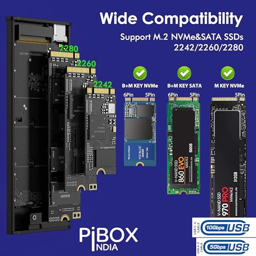 pibox India صندوق NVME M2 LED، صندوق PiBOX India NVMe/NGFF SATA ثنائي SSD - USB 3.2 10Gbps، علبة M.2 NVMe بدون أدوات، قارئ PCI-E NVMe، USB-C، يدعم مفاتيح M و B&M، 2230/2242/2260/2280 SSD RTL9210B - Image 4