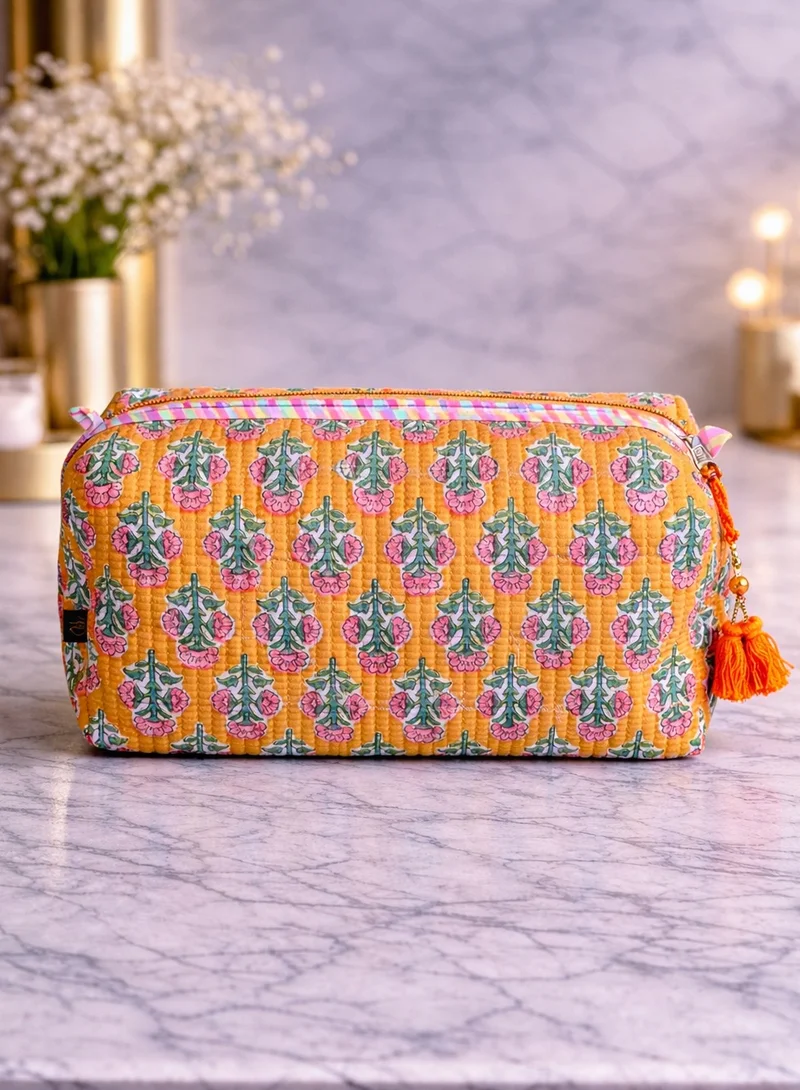 Tohfa Luxe Tohfa Luxe Doze Mustard Handmade Block Print Cotton Pouch – Large Waterproof Travel Cosmetic & Toiletry Bag (25 × 12 × 12 cm)