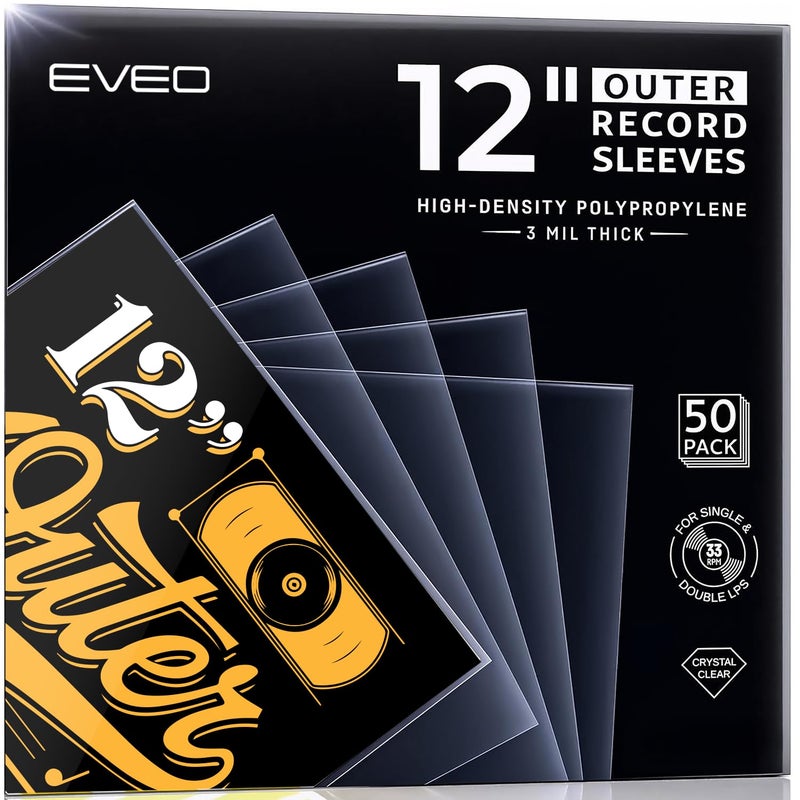 EVEO 50 Vinyl Record Sleeves Outer â€“ Crystal Clear Outer Vinyl Sleeves LP Album Covers 12.75"x12.75" | Perfect Fit Protective 3 Mil Protection for Single & Double LPs - Archival Quality - Image 1