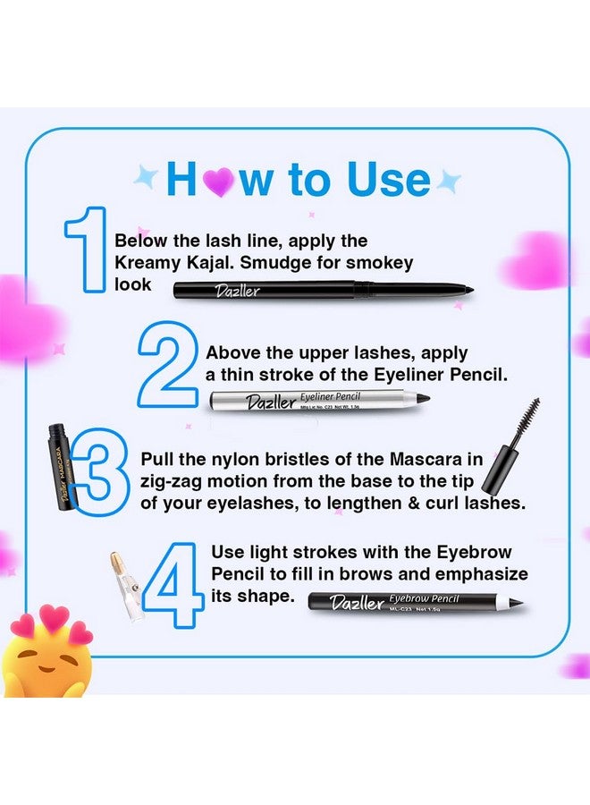 Dazller College Makeup Essentials - Eyes on Point|Kajal|Mascara|Eyeliner|Eyebrow|Water-Resistant|Smudge-proof|Starter Makeup Kit for Women|7.45g - Image 4