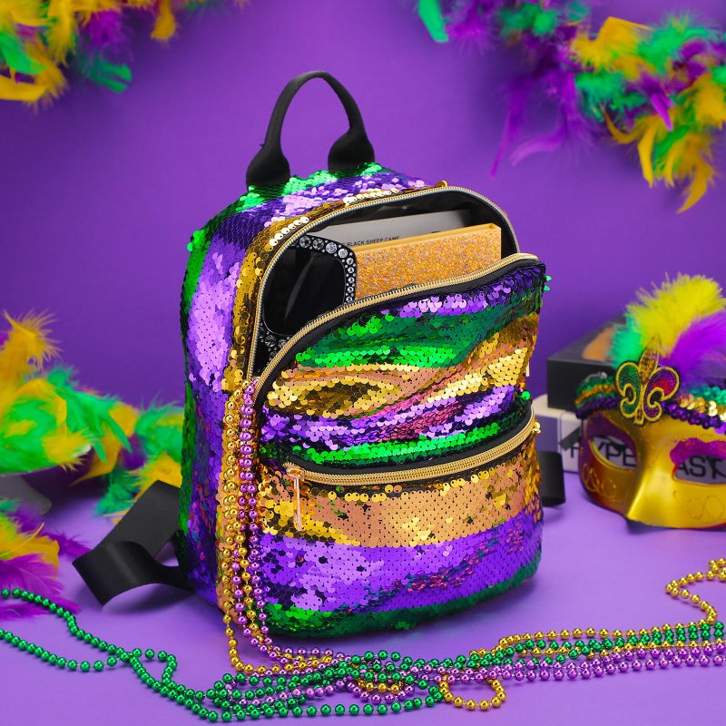 Ylinge 1 Pack 2 Pack Mardi Gras Bags Sequin Backpacks for Women Adjustable Glitter Sequin Purse for Mardi Gras Masquerade Party - Image 2