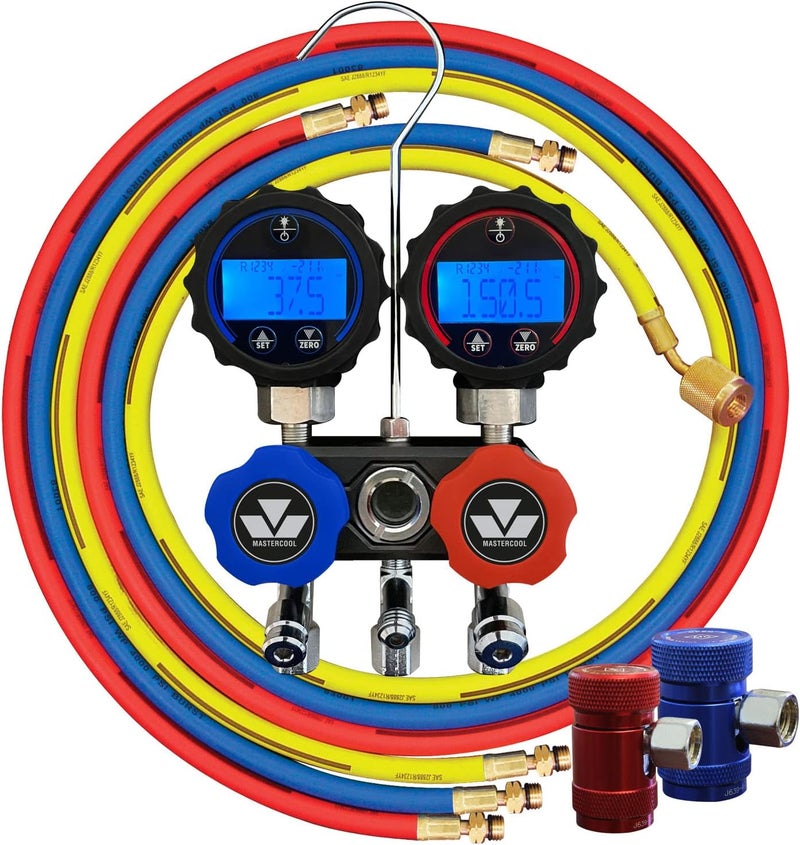 Mastercool Black Series Compact R1234yf Manifold with 3-72” Hoses and Manual Couplers - Image 1