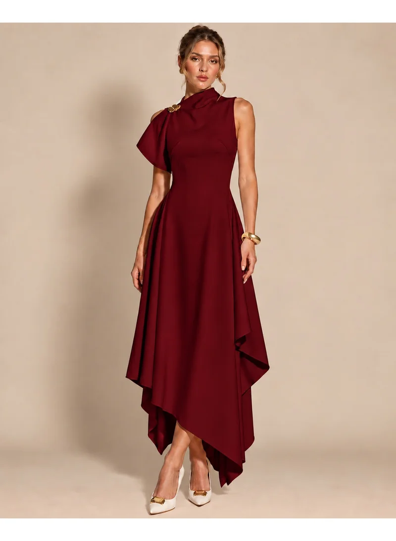 2Trendy Womens Burgundy Asymmetric Midi Dress with High Neck and Draped Shoulder Detail
