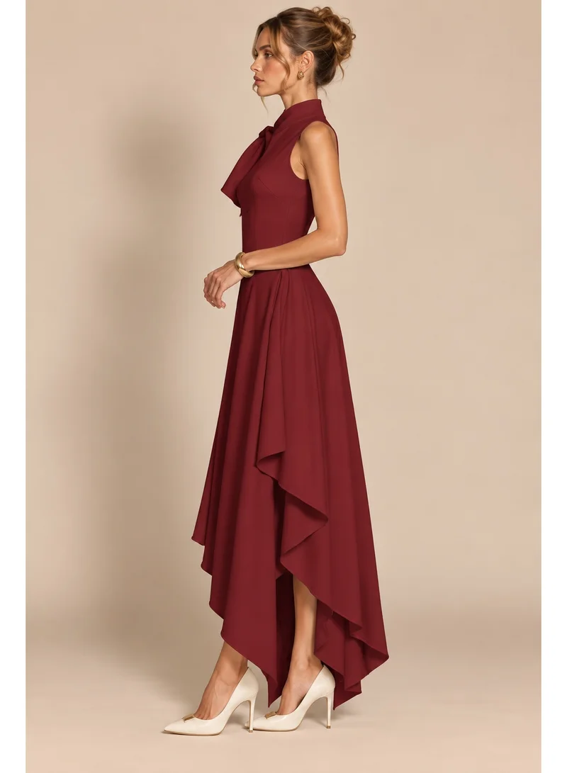 2Trendy Womens Burgundy Asymmetric Midi Dress with High Neck and Draped Shoulder Detail