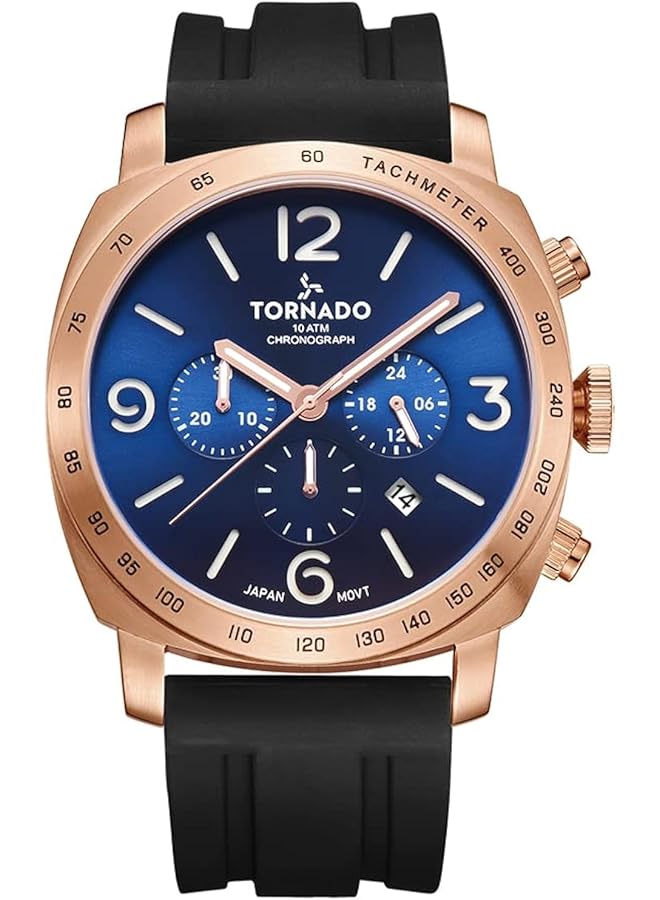 تورنيدو ساعة رجالية يابانية بحركة كوارتز وشاشة كرونوغراف وحزام سيليكون T9102 Ksbn باللون الأسود