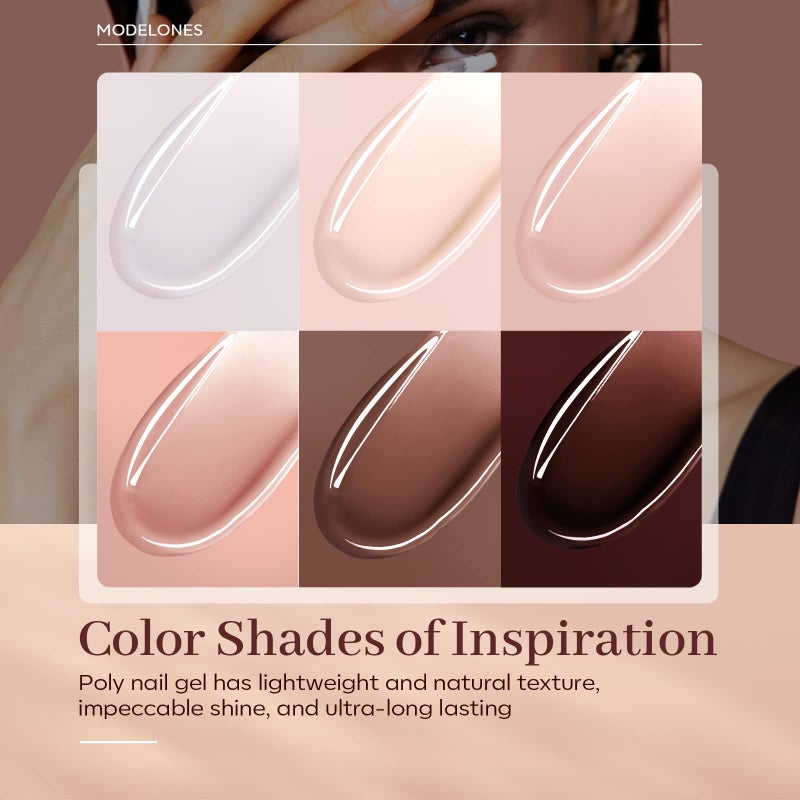 Modelones Poly Nail Gel, 6 Colors Nude Skin Tones Pink Neutral Brown Collection Poly Extension Gel Set Builder Manicure DIY Design Nail Art Home Salon Beauty Gift - Image 3