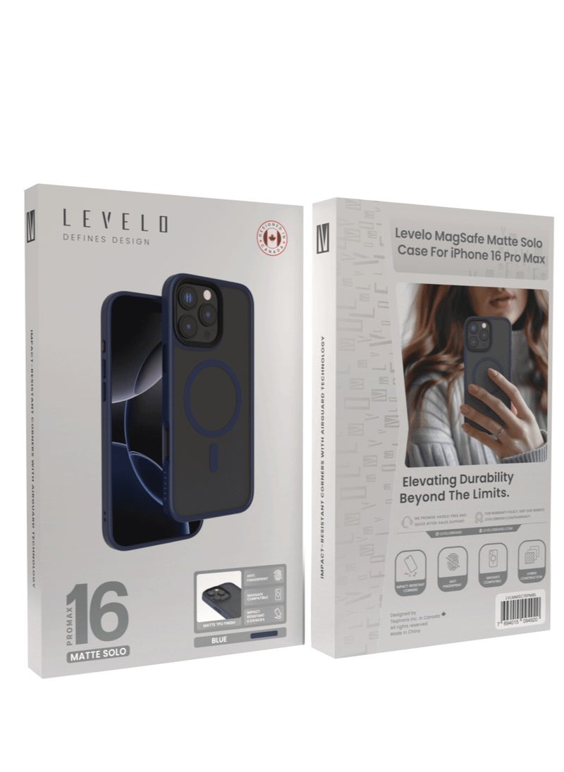 LEVELO - iPhone 16 Pro Max MagSafe case Matte Solo Cover with Impact-Resistant Corners/ 3H Scratch Resistance/ Matte TPU Bumper Lightweight & Hybrid Design - Blue - Image 1