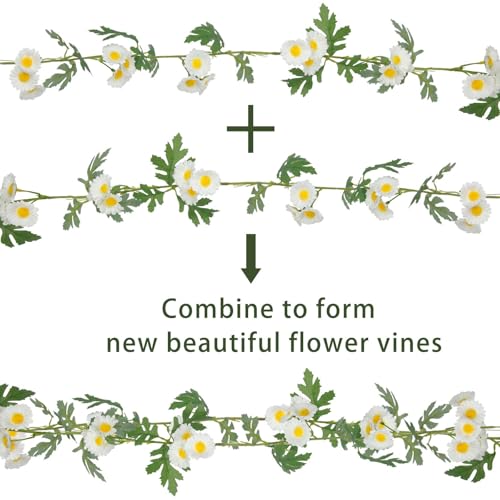 GhuaH 2 Pcs Wildflower Garland Spring Flowers Garland 12 FT White Artificial Daisy Flowers and Leaves Faux Floral Vine for Mantle Baby Shower Wedding Arch Porch Staircase Summer Decor - Image 3