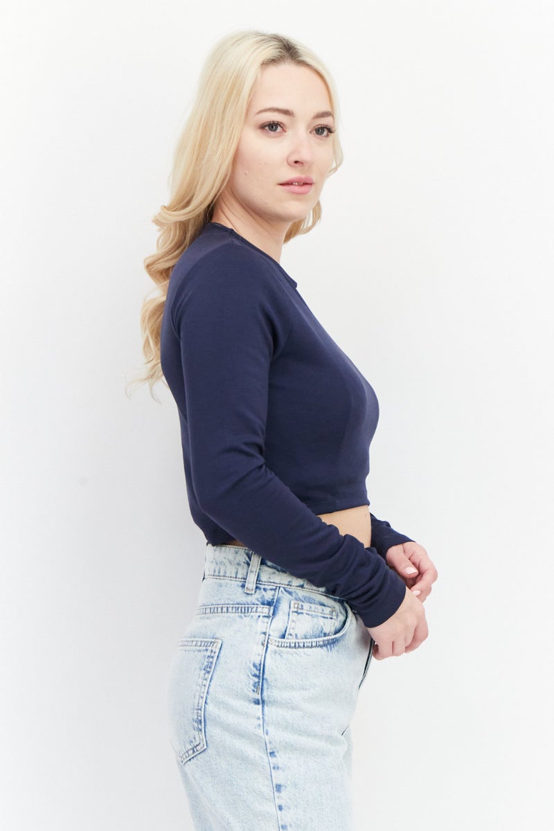 NA-KD بلوزة نسائية بقصة دائرية وأكمام طويلة، سادة، بحرية - Image 3