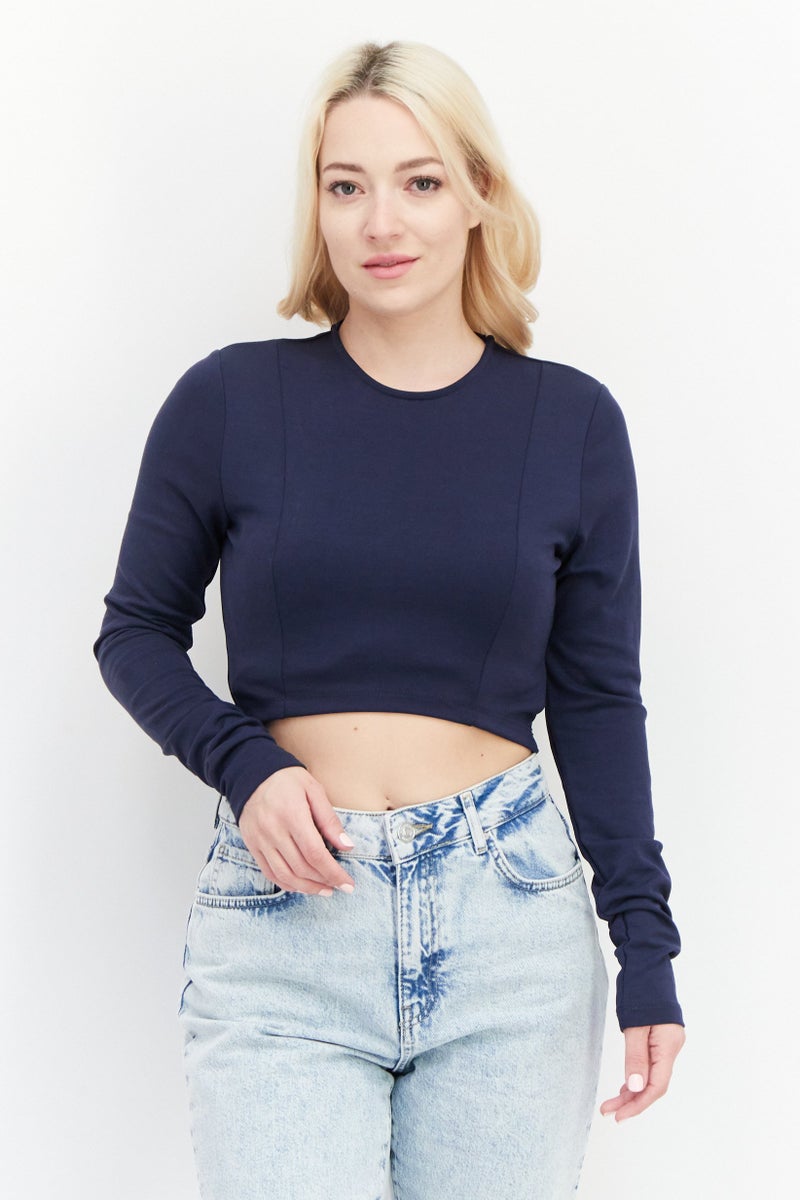 NA-KD بلوزة نسائية بقصة دائرية وأكمام طويلة، سادة، بحرية - Image 1