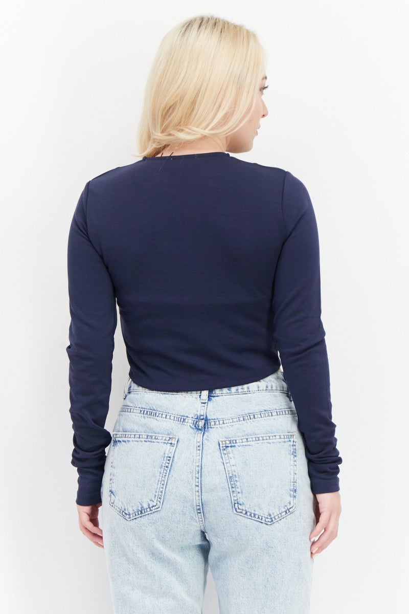 NA-KD بلوزة نسائية بقصة دائرية وأكمام طويلة، سادة، بحرية - Image 2