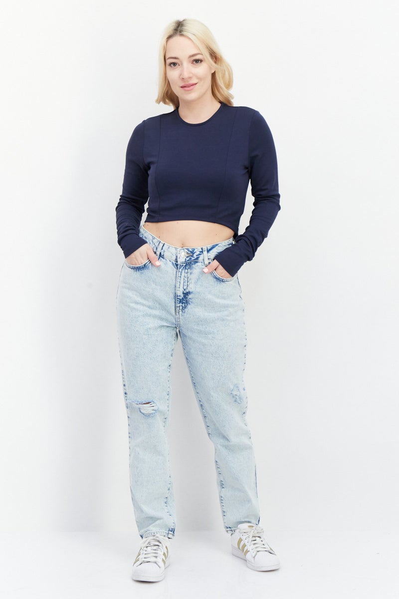 NA-KD بلوزة نسائية بقصة دائرية وأكمام طويلة، سادة، بحرية - Image 4