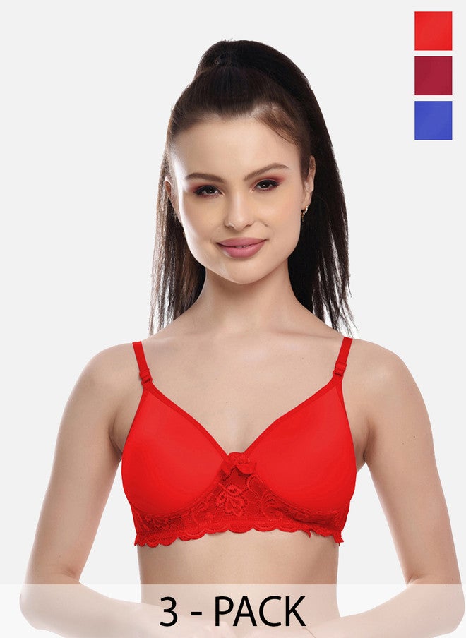 FIMS Women Red Blue & Maroon Pack of 3 Lace Lightly Padded Bra - Image 1