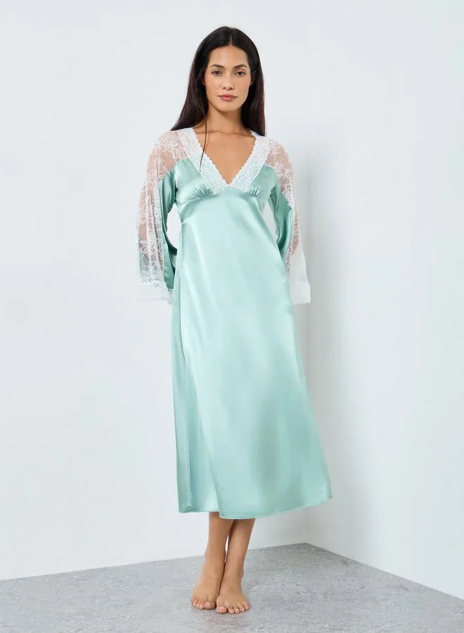 Take Two Take Two Contrast Lace Insert V Neck Satin Nightdress