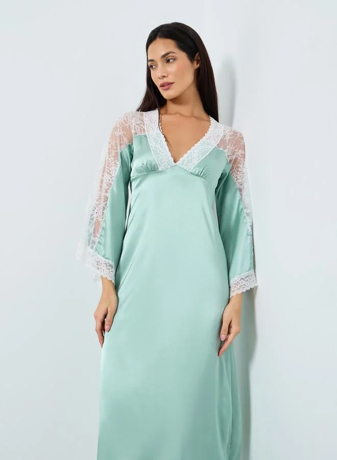Take Two Take Two Contrast Lace Insert V Neck Satin Nightdress