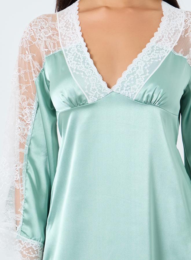 Take Two Contrast Lace Insert V Neck Satin Nightdress - Image 3