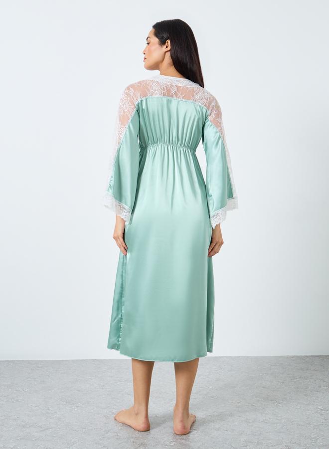 Take Two Contrast Lace Insert V Neck Satin Nightdress - Image 4