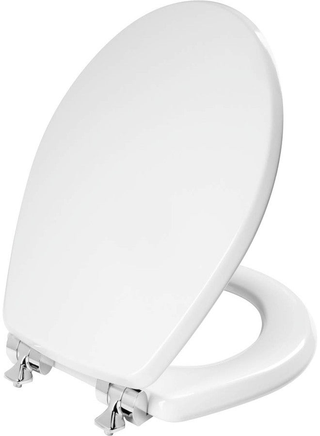 Mayfair Bennett Toilet Seat with Chrome Hinges, Slow Close Wood Seat, Secure Metal Hinges, Easy Install, Made in USA, Round, White - Image 1