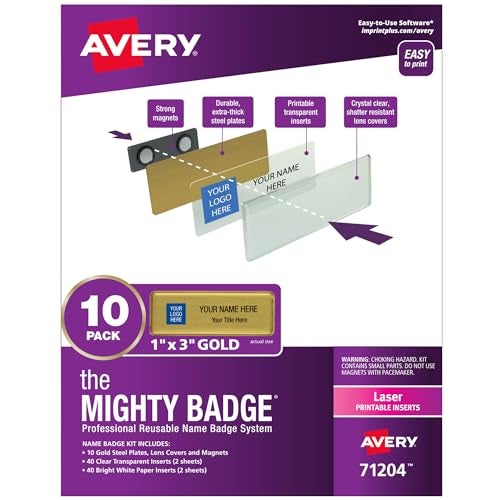 AVERY The Mighty Badge by Avery, 1" x 3" Gold Name Tags, 10 ID Badges, 80 Inserts for Laser Printers (71204) - Image 1