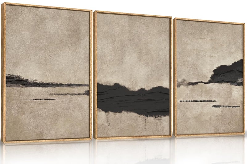 Aryroi Large Abstract Black and Tan Framed Canvas Wall Art,Vintage Minimalist Wall Decor,Neutral Brush Stroke Artwork,Modern Textured Art Print for Living Room,Bedroom,Office- 16"x24"x3 - Image 1
