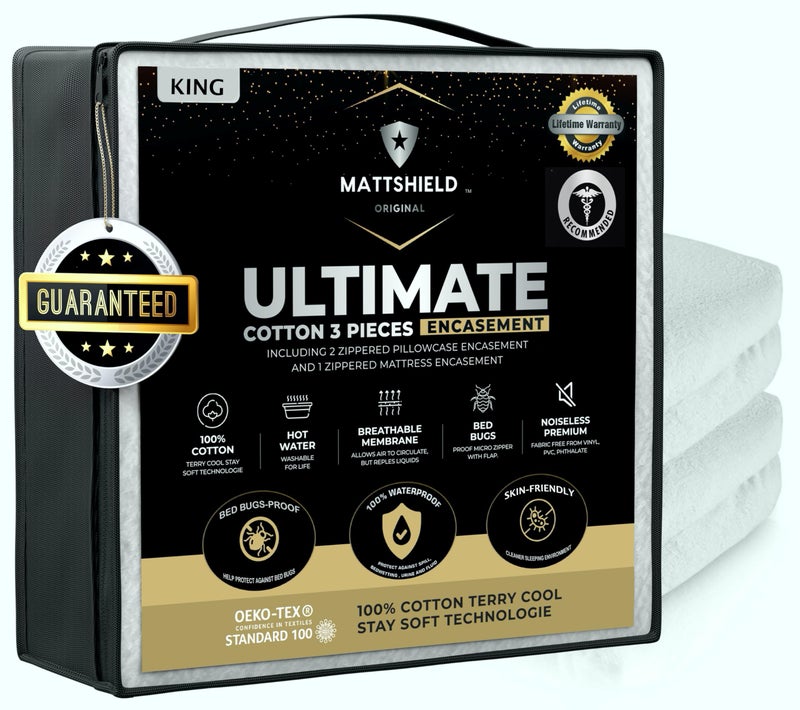 MATTSHIELD ORIGINAL MATTSHIELD Ultimate 3-Piece Kit - Bed Bug-Proof Mattress Cover King Size 100% Cotton Top + 2 Queen Pillow Protectors with Zipper - 6 Sided Waterproof Encasement, Total Defense Kit - Image 1