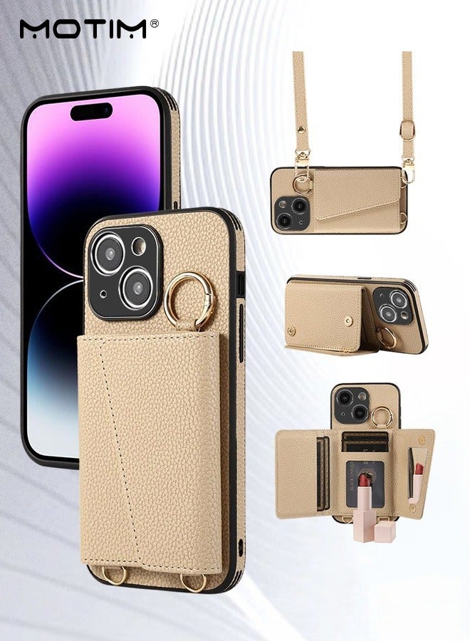 Motim Phone Case Crossbody for iPhone 15/15 Plus Wallet Case with Strap Card Slots and Makeup Mirror Premium Leather Shockproof Cover for Women - Image 1