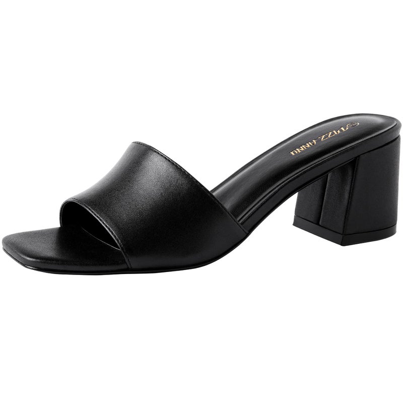 PIZZ ANNU Women's Square Open Toe Heels Sandals Low Block Chunky Heeled Sandal Slip on Mules Comfortable Casual Dress Pumps Shoes, Black 6 - Image 1