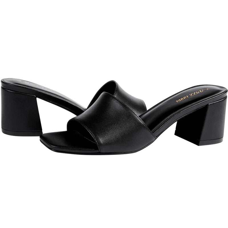 PIZZ ANNU Women's Square Open Toe Heels Sandals Low Block Chunky Heeled Sandal Slip on Mules Comfortable Casual Dress Pumps Shoes, Black 6 - Image 2