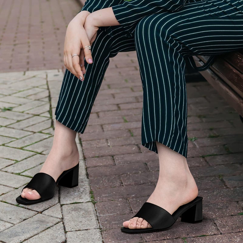 PIZZ ANNU Women's Square Open Toe Heels Sandals Low Block Chunky Heeled Sandal Slip on Mules Comfortable Casual Dress Pumps Shoes, Black 6 - Image 4