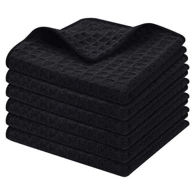 PREMIUM MICROFIBER WAFFLE WEAVE KITCHEN DISH CLOTHS 12 X 12 INCH ULTRA ABSORBENT AND SOLID COLOR DISH TOWELS FOR KITCHEN FAST DRYING DISHCLOTH FOR WASHING DISHES 6 PACK BLACK