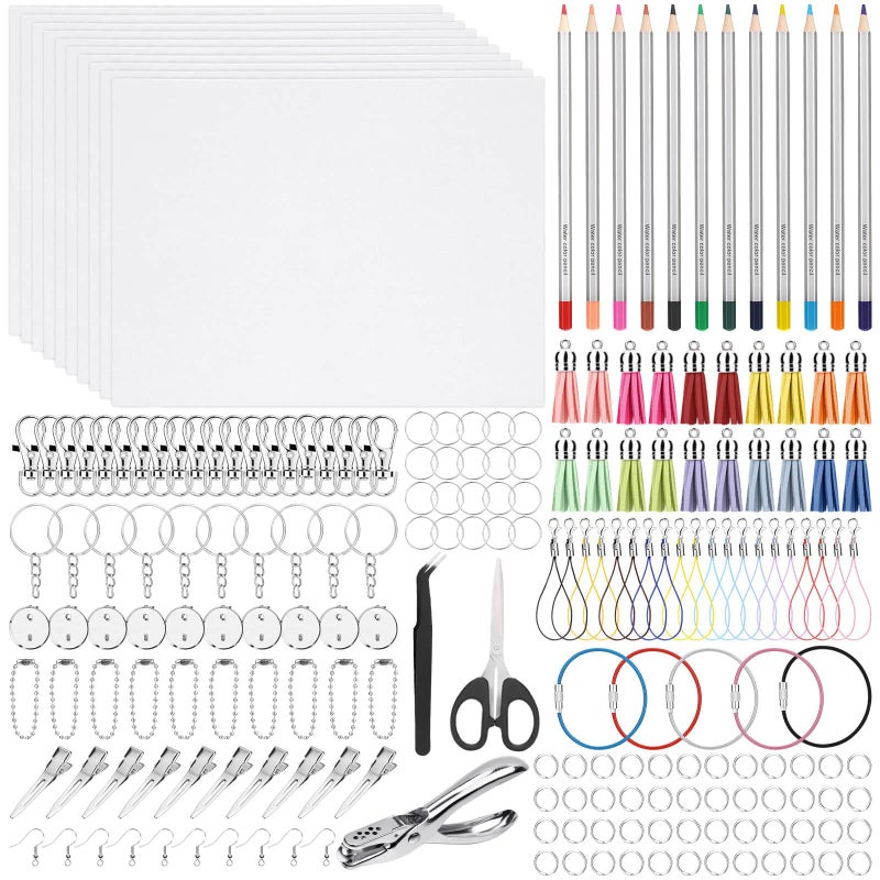 shynek 300 Pieces Shrinky Plastic Sheets Keychain kit, Including Shrinky Paper, Colored Pencils, Tassels, Keychains, Hair Clips, Hole Punch for Creative Crafts - Image 1