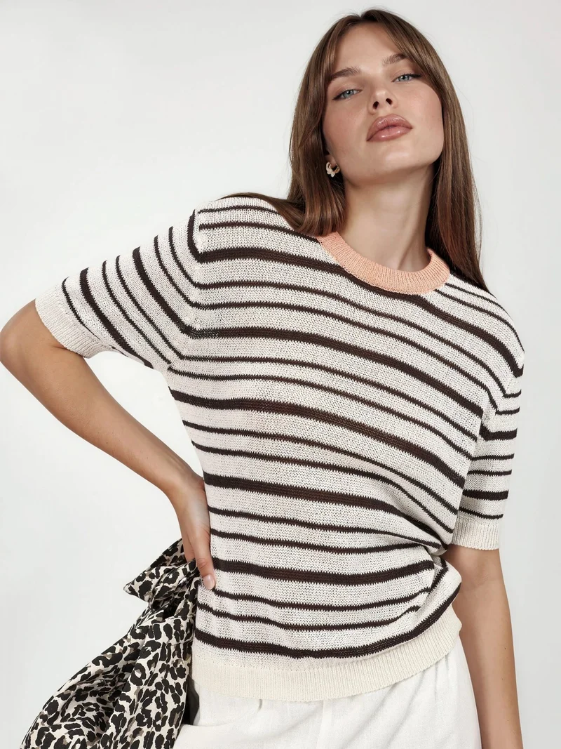 كيوستايل QU STYLE Striped Ribbed Knit Sweater