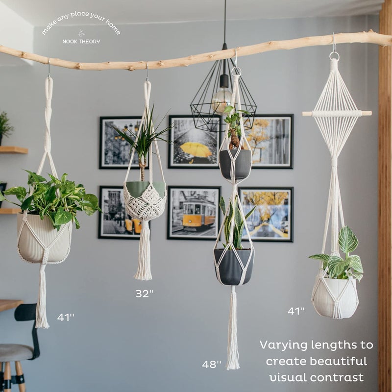 Nook Theory 4 Pack Macrame Plant Hanger - Hanging Planters for Indoor Plants, Boho Plant Holder with 8 Ceiling Hooks (Cream) - Image 3