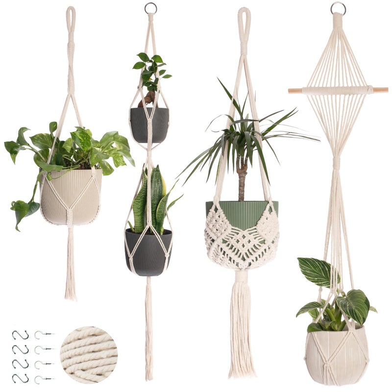 Nook Theory 4 Pack Macrame Plant Hanger - Hanging Planters for Indoor Plants, Boho Plant Holder with 8 Ceiling Hooks (Cream) - Image 1