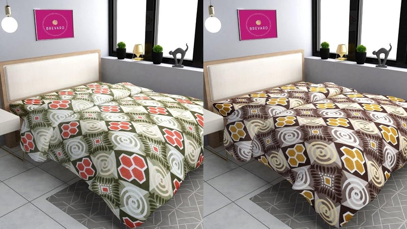 BREVARD BREVARD Single Bed Woolen Fabric Geometric Quilt CoverDuvet CoverRajai CoverBlanket Cover for Winters 70x90 Inches Brown and Green Combo of 2  - Image 1
