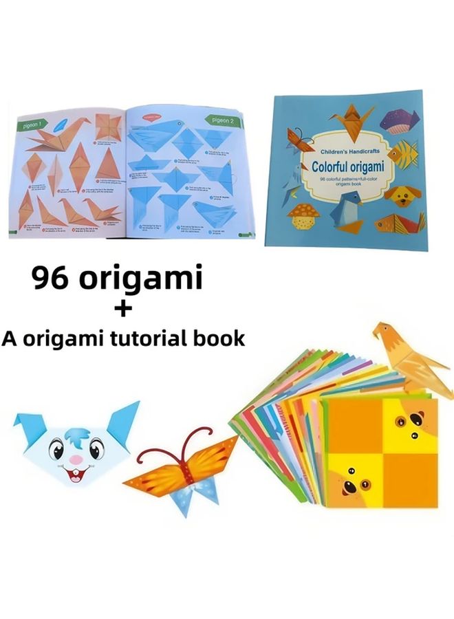 طقم أوريغامي كبير 96 ورقة ملونة 5 × 5 بوصة مع كتاب تعليمي باللغة الإنجليزية DIY حرفة ورقية - Image 3