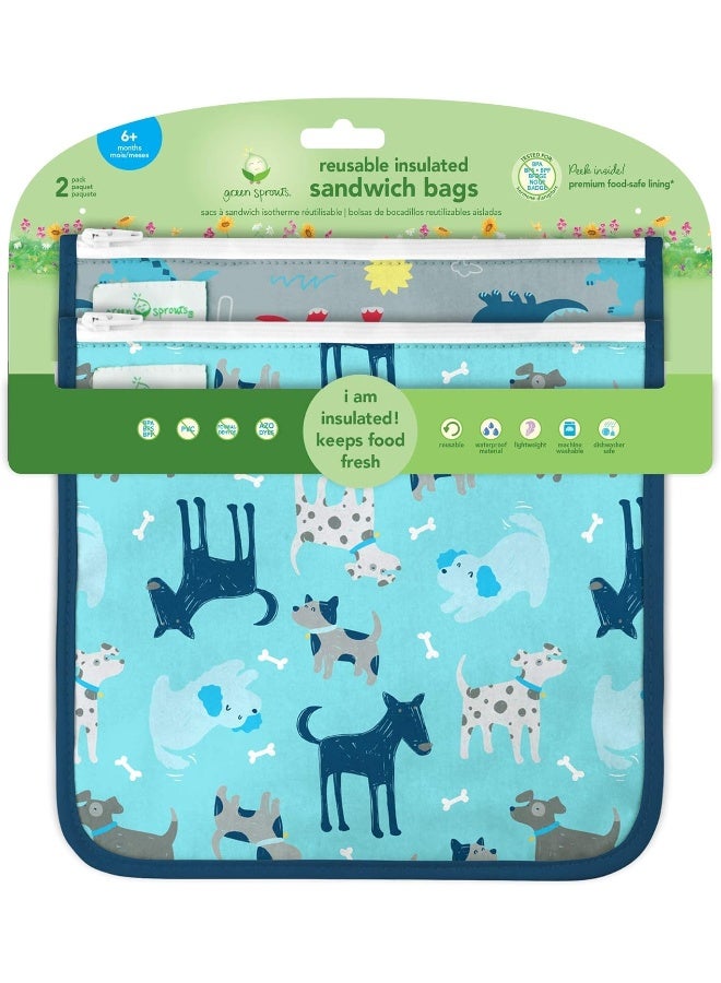 green sprouts Reusable Insulated Sandwich Bags (2 Pack)-Aqua Dogs - Image 3